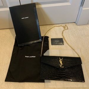 YSL uptown pouch black croc embossed leather w GHW